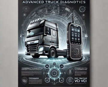 promotional poster for the DAF PACCAR VCI diagnostic tool. The design should feature a sleek, tech-inspired background with