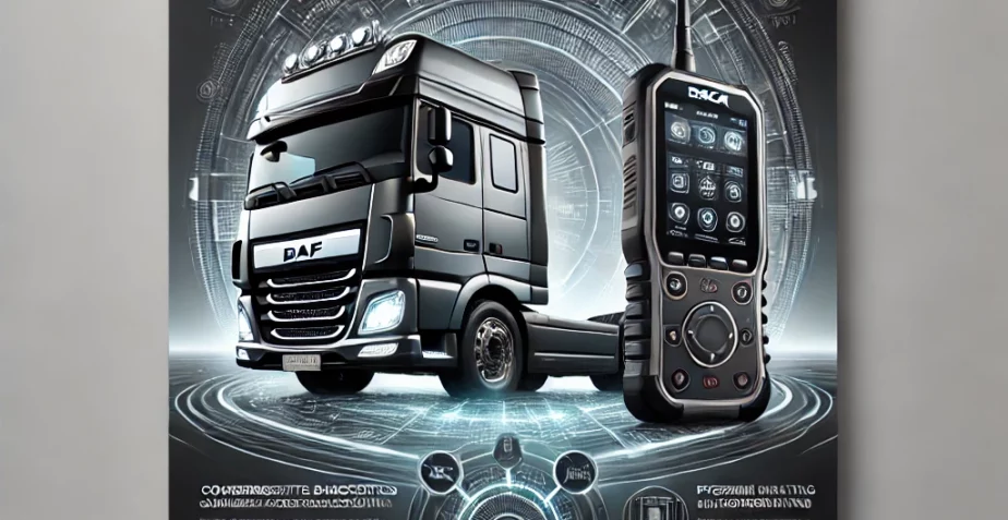 promotional poster for the DAF PACCAR VCI diagnostic tool. The design should feature a sleek, tech-inspired background with